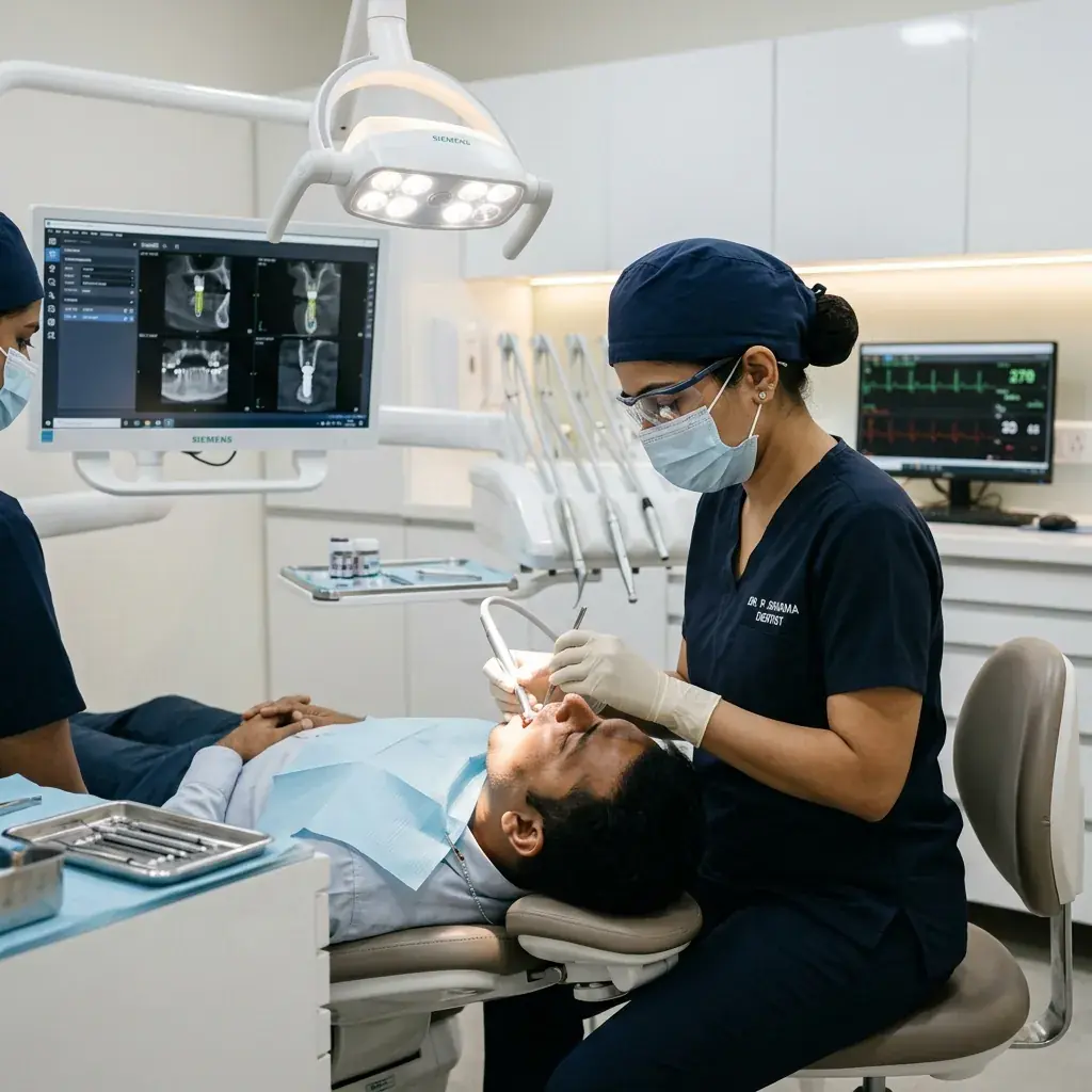Dentist treating a patient in a modern dental hospital treatment room